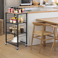 Chariot de cuisine industriel en bois à 4 niveaux avec micro-ondes, table de service îlot et chariot de rangement latéral sur roulettes