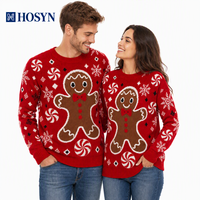 Pull de Noël assorti pour couple motif flocon de neige tourbillonnant rouge et bonhomme en pain d'épices