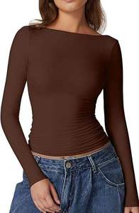 Nueva Llegada: Elegante Camiseta Blanca de Manga Larga para Mujer, Cuello Barco, Hombros Descubiertos, Corte Ajustado, Elástica, Doble Forro, Básica, a la Moda - Product Image 3