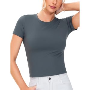 FOXA Crop top de sport pour femme à manches courtes, coupe ajustée, col rond, respirant, pour yoga, course à pied, décontracté - Product Image 1