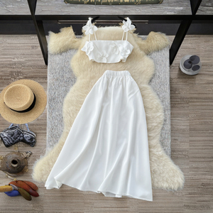 Women's <b>White</b> <b>2</b>-<b>Piece</b> <b>Set</b> Strapless Crop Top With Flower Appliques And High Waist Midi Skirt Prairie Chic Spring Summer Style - Product Image 3
