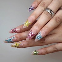 Ongles à presser en acrylique Y2K, motif étoile arc-en-ciel, entièrement ornés de strass, French Manucure, forme amande, longueur longue, personnalisables, avec estampage doré