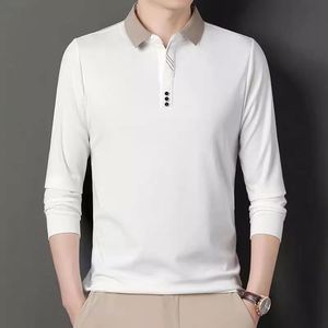 Otoño nuevos hombres de negocios Casual Slim elástico Top de manga larga para Polo camisa clásica Color sólido básico Top tejido de punto - Product Image 3