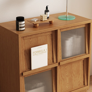 Japanese Style Solid Wood <b>Sideboard</b> With Glass Doors Teak Color Storage Cabinet For Kitchen Modern Minimalist Design - Product Image 3