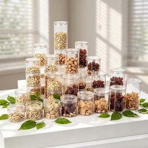 Bocaux en plastique PET transparents <span class=keywords><strong>de</strong></span> 85 mm <span class=keywords><strong>de</strong></span> diamètre, écologiques et recyclables, avec couvercles à vis pour biscuits, aliments pour animaux, <span class=keywords><strong>chocolat</strong></span>, nouilles - Product Image 1