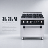 Cuisinière à gaz commerciale JUSTA à 4 brûleurs avec protection contre l'extinction de la flamme et four en acier inoxydable pour hôtel et restaurant