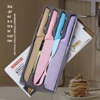 Ensemble de six couteaux de cuisine jetables en acier inoxydable avec manches en paille de blé, coloris macaron, revêtement ambidextre, bord droit