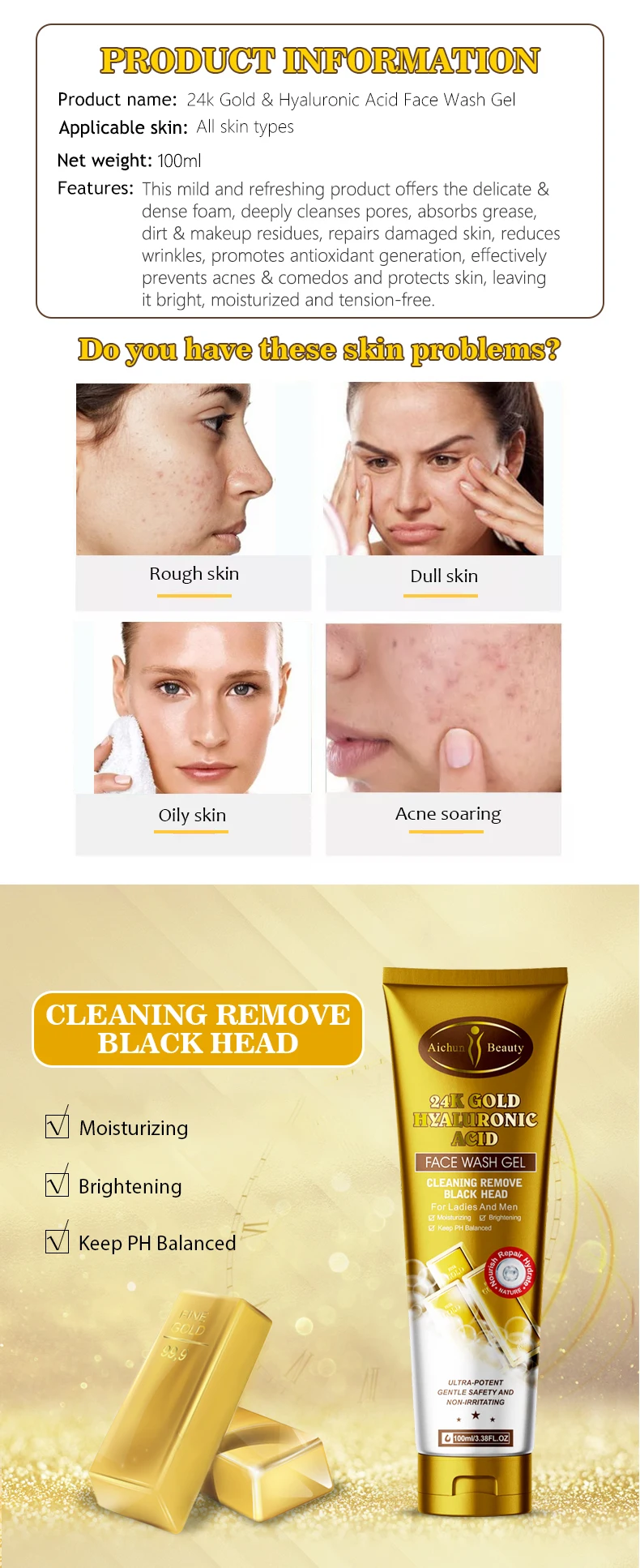 Removal Blackhead Daily 24k Gold Cleaning Facial Cleanser Moisturizing Brighten Hyaluronic Face Wash Gel