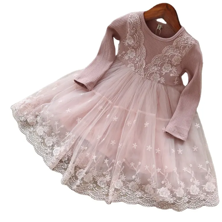 Fall winter pink lace long sleeve knit kids children clothes girl clothes dresses