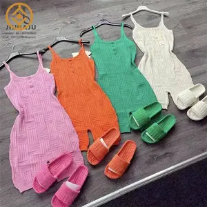 Custom Logo Towel Texture Jumpsuit Breathable Knit One Piece Sleeveless Outfit Backless Pink Short Woman Summer Romper 2024