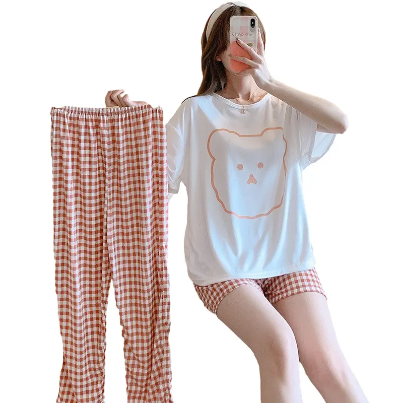 여름 고품질 여성 인쇄 홈 의류 수면복 여성용 반소매 잠옷 세트