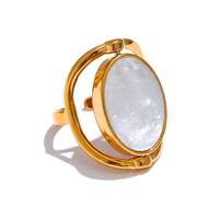 JINYOU 7555 Bague ouverte rotative exclusive en coquille de pierre naturelle, bijou unique en acier inoxydable exquis pour femme, tendance