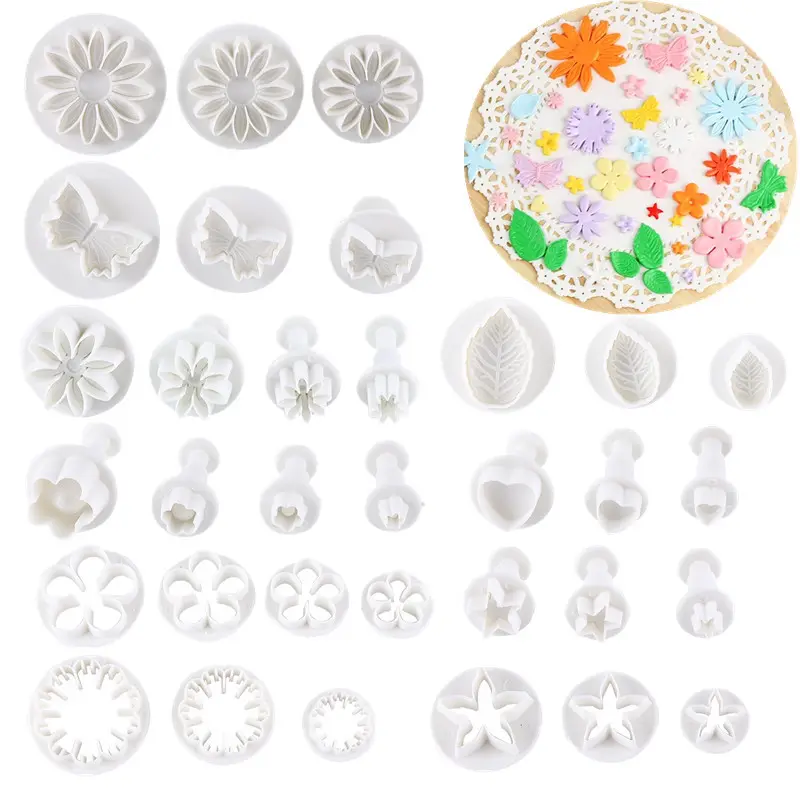 33 Pieces Fondant Cake Cookie Plunger Cutter Sugarcraft Flower Leaf Butterfly Heart Shape Decorating Mold DIY Tools
