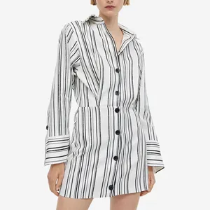 2023 New Design Custom Dress Women Cotton Linen Lapel Casual Front Button Long Sleeve Women's Striped Shirt Dresses