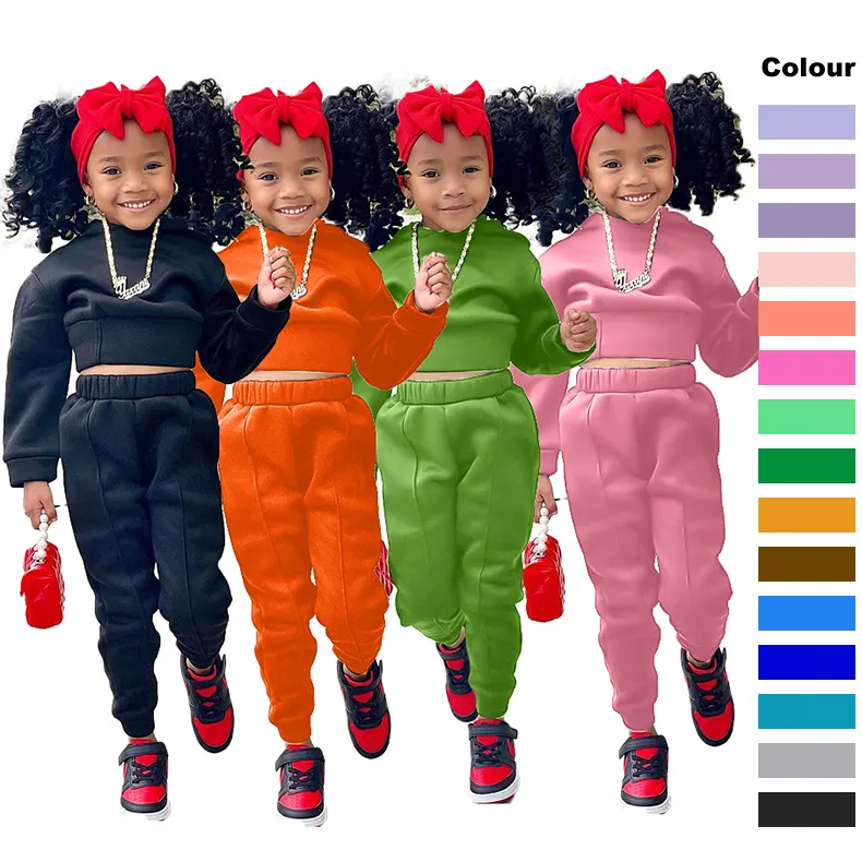 Özel kızlar giyim setleri OEM kendi logosu 2-7T düz renk çocuklar kapüşonlu Sweatshirt seti 2024 popüler bebek kız giyim