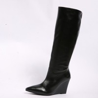 Bottes hautes pour femmes à talon compensé, bout pointu, en cuir, tige droite, pour mollets larges, style équestre, noires.