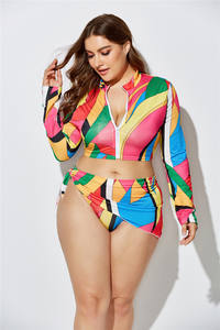 S-5XL 2023 femmes grande taille manches longues fermeture éclair haut cravate die flore coloré 3 pièces bikini ensemble maillot <span class=keywords><strong>de</strong></span> <span class=keywords><strong>bain</strong></span> avec bandeau - Product Image 3