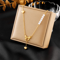 Mode perle coeur arc gland titane acier bracelet à breloques collier ensemble de bijoux pour femmes