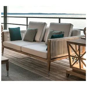 PE Anyaman Rotan Patio Furnitur Outdoor L Bentuk Lembut Bantal Sofa Taman Set dengan Meja Kopi