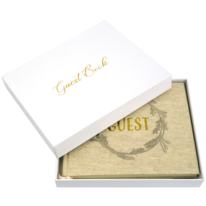 Lujo personalizado oro frustrado cubierta de lino bordado boda <span class=keywords><strong>libro</strong></span> de invitados con caja de papel y pluma - Product Image 2