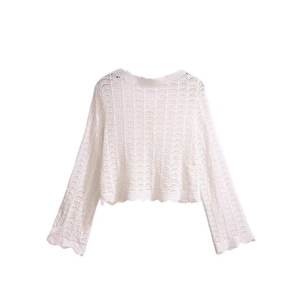 Cárdigan de punto para mujer con manga acampanada hueca, cuello en V, holgado, manga larga, transpirable, de ganchillo, camisa de protección solar - Product Image 2