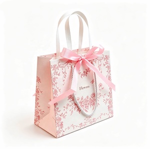 Classic <b>Mini</b> Gift Bag With Pink Floral Print Cotton Rope Handle Recyclable Art Paper Hand Length Handle Ribbon Accessory - Product Image 1