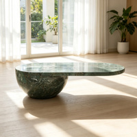 Table basse Dream Home Radiant en marbre vert, base demi-sphère, plateau ovale irrégulier en forme de haricot, sculpture organique, table centrale de salon
