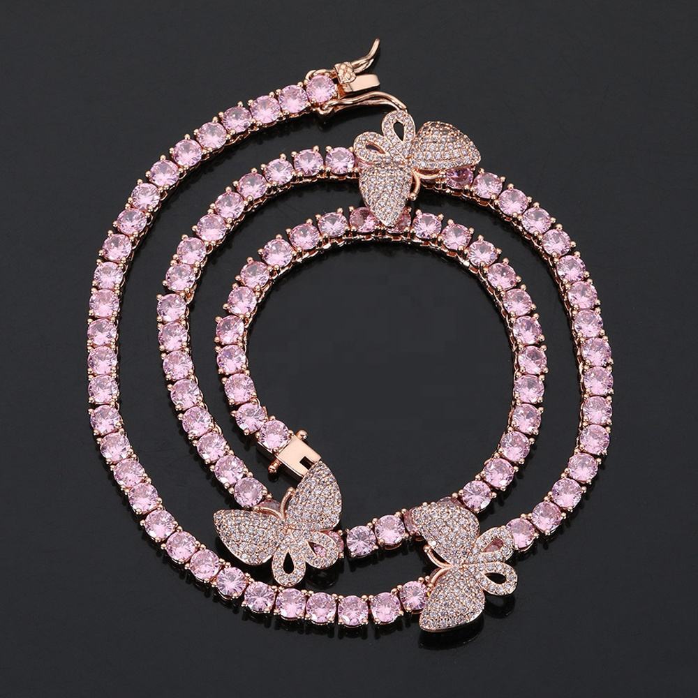 Factory Price Butterfly mm Round Tennis Chain Necklace Gold Rose  Gold Copper Hip Hop Jewelry
