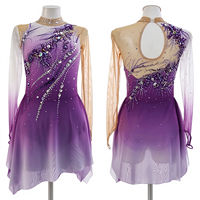 Robe de patinage et de danse pour enfants et adultes, dégradé violet, col montant, manches longues en maille nude, dos orné de strass, pour compétition et spectacle de patinage sur glace