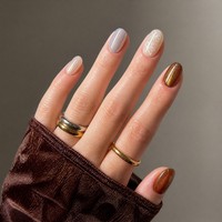 T2111 Kaixin Factory Faux ongles à presser brillants marron bleu, forme ellipse courte, style French, motif floral 3D, pour nail art, Fournisseurs
