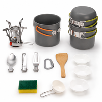 Ensemble de cuisine de camping en aluminium anodisé rigide OEM personnalisé pour 1-2 personnes avec réchaud à gaz, couverts pliables, pot et bol pour la randonnée et les pique-niques