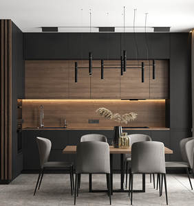 Wholesale Export Solutions Customized Minimalist Handleless Vertical Wood Grain Black <b>Walnut</b> Laminated Finish Kitchen <b>Cabinets</b> - Product Image 1