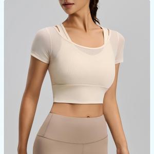 Women Mesh 2 In 1 Short Sleeve Yoga Crop Top with Built In Bra <b>Pads</b> Breathable Gym Workout Top <b>Running</b> Sports Fitness Shirt - Product Image 3