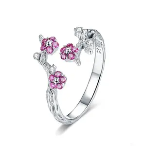 Wedding Engagement Jewelry 925 Sterling Silver Winter Blooming Plum Flower Open Rings