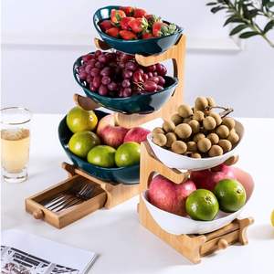 Corbeille à fruits en bambou à 3 niveaux avec bol à fruits en céramique pour fruits, pain, légumes, collations - Product Image 3