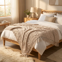 Couverture en tricot torsadé crème avec pompons pour canapé-lit, tissage texturé doux classique pour plaids décoratifs bohèmes avec franges