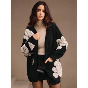 Cárdigan de Punto para Mujer, Color Negro, con Estampado Floral Jacquard, Manga Larga, Corte Holgado, para Otoño - Product Image 4
