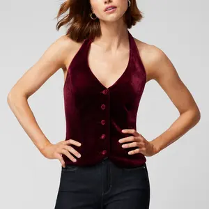 Phụ Nữ Của Velour Áo Ghi Lê Cắt Vest Áo Khoác Không Tay Áo Khoác Trang Phục Chính Thức Halter Nhung Đỏ Tank Tops Phụ Nữ Gilet Vest