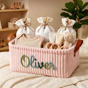 Custom Diaper <b>Basket</b>, Personalized Corduroy Storage Bin for Nursery Decor, Foldable Cloth <b>Laundry</b> Hamper for Diapers, Blankets - Product Image 3