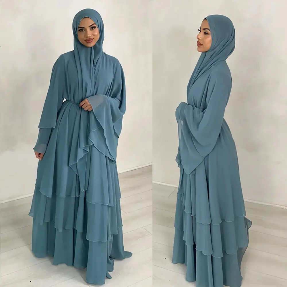 2023 all'ingrosso Dubai turchia Oman elegante Kimono in Chiffon per Abaya con 3 bottoni abito musulmano donna 3 strati Chiffon aperto Abaya