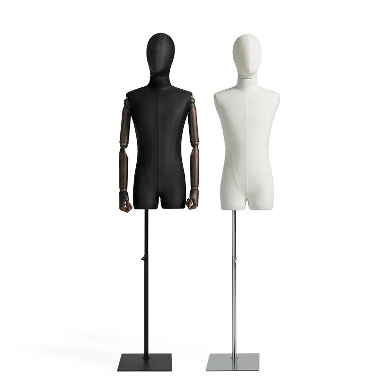 Présentoir de vêtements africain longue jambe noir/blanc lin hommes Mannequin demi-corps avec bras en bois flexibles