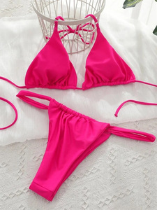 Ensemble de <span class=keywords><strong>bikini</strong></span> blanc uni avec logo personnalisé, haut halter et bas brésilien froncé pour femme, maillot de bain de plage - Product Image 6