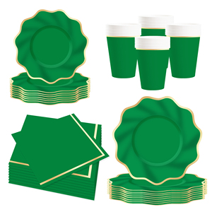 ชุดอุปกรณ์บนโต๊ะอาหารกระดาษลายคลื่นสีเขียวปั๊มทอง DAMAI ประกอบด้วยจาน ถ้วย กระดาษเช็ดปาก แบบใช้แล้วทิ้ง - Product Image 1