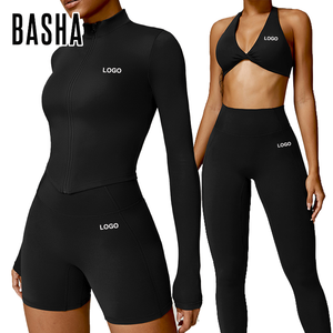 Conjunto <span class=keywords><strong>Deportivo</strong></span> de 4 Piezas para Fitness, Yoga y Running: Chaqueta con Cremallera, Shorts Fruncidos, <span class=keywords><strong>Sujetador</strong></span> y Leggings para Gimnasio - Product Image 6