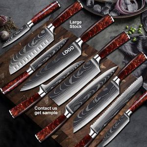 10 Pieces Red Resin Damascus Pattern Kitchen <b>Knife</b> <b>Set</b> Japanese Style Ultra <b>Sharp</b> Professional Chef Utility Bread Paring <b>Knives</b> - Product Image 1