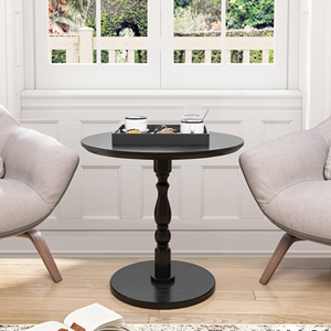 Tavolino Rotondo Nero da 23 Pollici con Gambe in Legno Massello, Tavolino Moderno per Piccoli Spazi, Comodino - Product Image 1