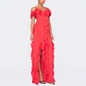 OEM akşam resmi kırmızı soğuk omuz fırfır detay Maxi elbise - Product Image 2