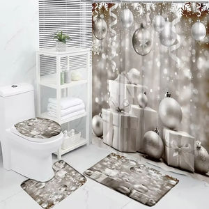 ม่านอาบน้ำลายคริสต์มาสสีชมพูทรงกลมซานตาคลอสของขวัญฤดูหนาวเข็มสนชุดตกแต่งห้องน้ำพรมปูพื้นสำหรับห้องน้ำ - Product Image 3