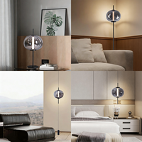 Lampu Meja Besi Kaca Hitam Mutiara Modern dengan Diffuser Bergaris, LED Dimmable, Cahaya Ambient Elegan untuk Kamar Tidur dan Nakas