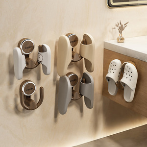 Suction Cup Shoe Rack Wall Mounted Punch Free <b>Adhesive</b> <b>Hooks</b> For Bathroom Slipper Storage Natural Wood Walnut Color - Product Image 1